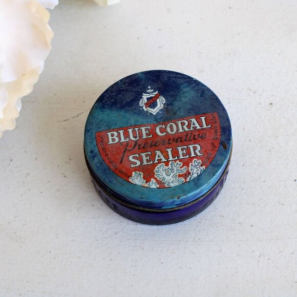 Vintage 1950s Cobalt Blue Glass Jar, Blue Coral Preservative Sealer - Picture 1 of 7